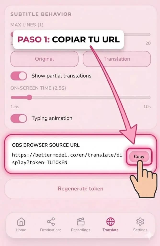 Copiar la URL para OBS Browser Source en BetterModel